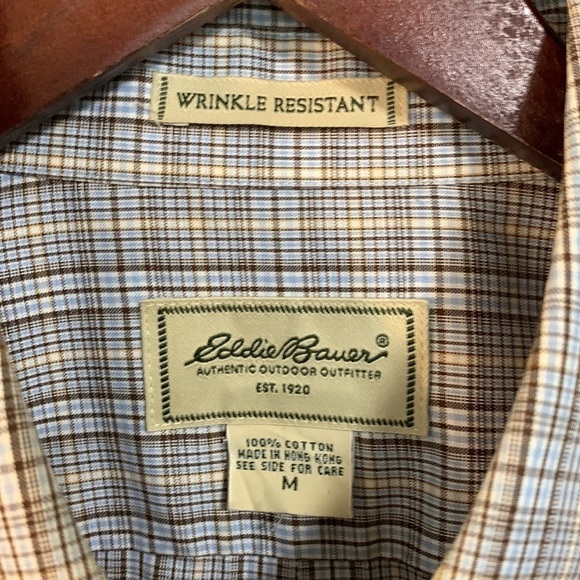 Eddie Bauer Long Sleeve Button Shirt Wrinkle Resistant Plaid Blue/Brown Medium - Picture 5 of 11